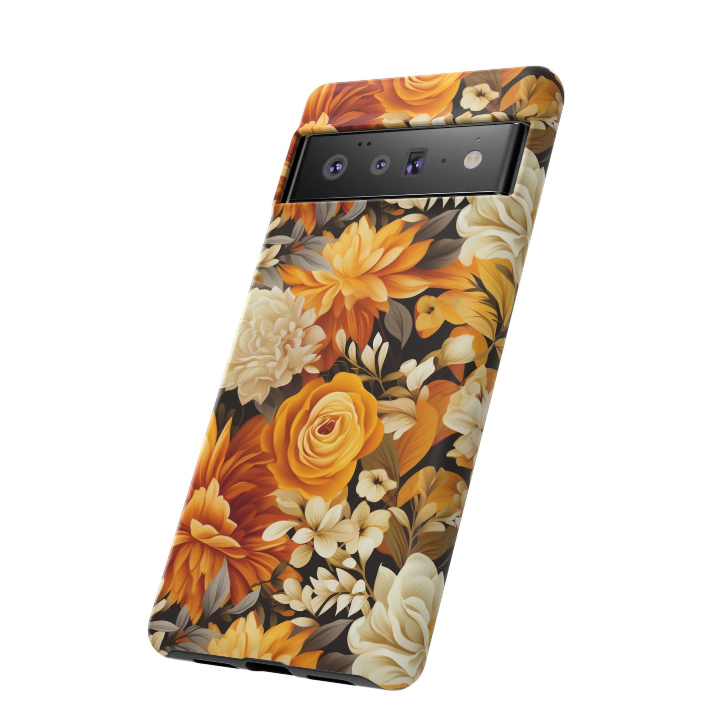 Autumnal Romance: Golden and White Blossoms on Black - Tough Phone Case