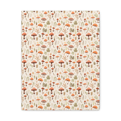 Mushroom Haven: Autumnal Tones Botanical Illustration - Satin Canvas, Stretched