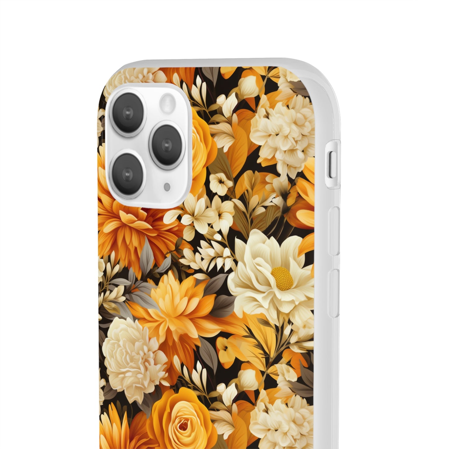 Autumnal Romance: Golden and White Blossoms on Black - Flexible Phone Case