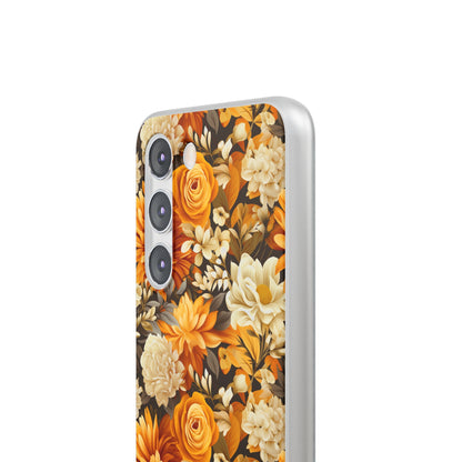 Autumnal Romance: Golden and White Blossoms on Black - Flexible Phone Case