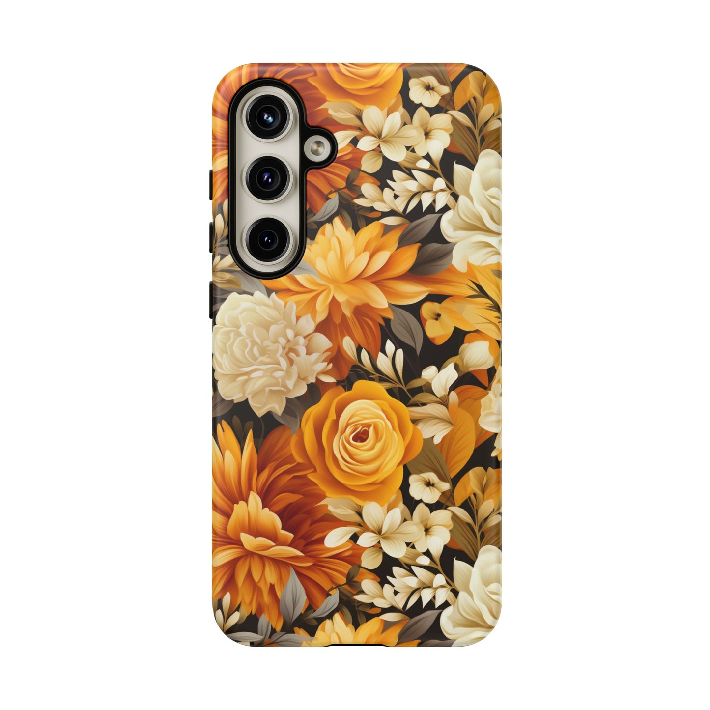 Autumnal Romance: Golden and White Blossoms on Black - Tough Phone Case