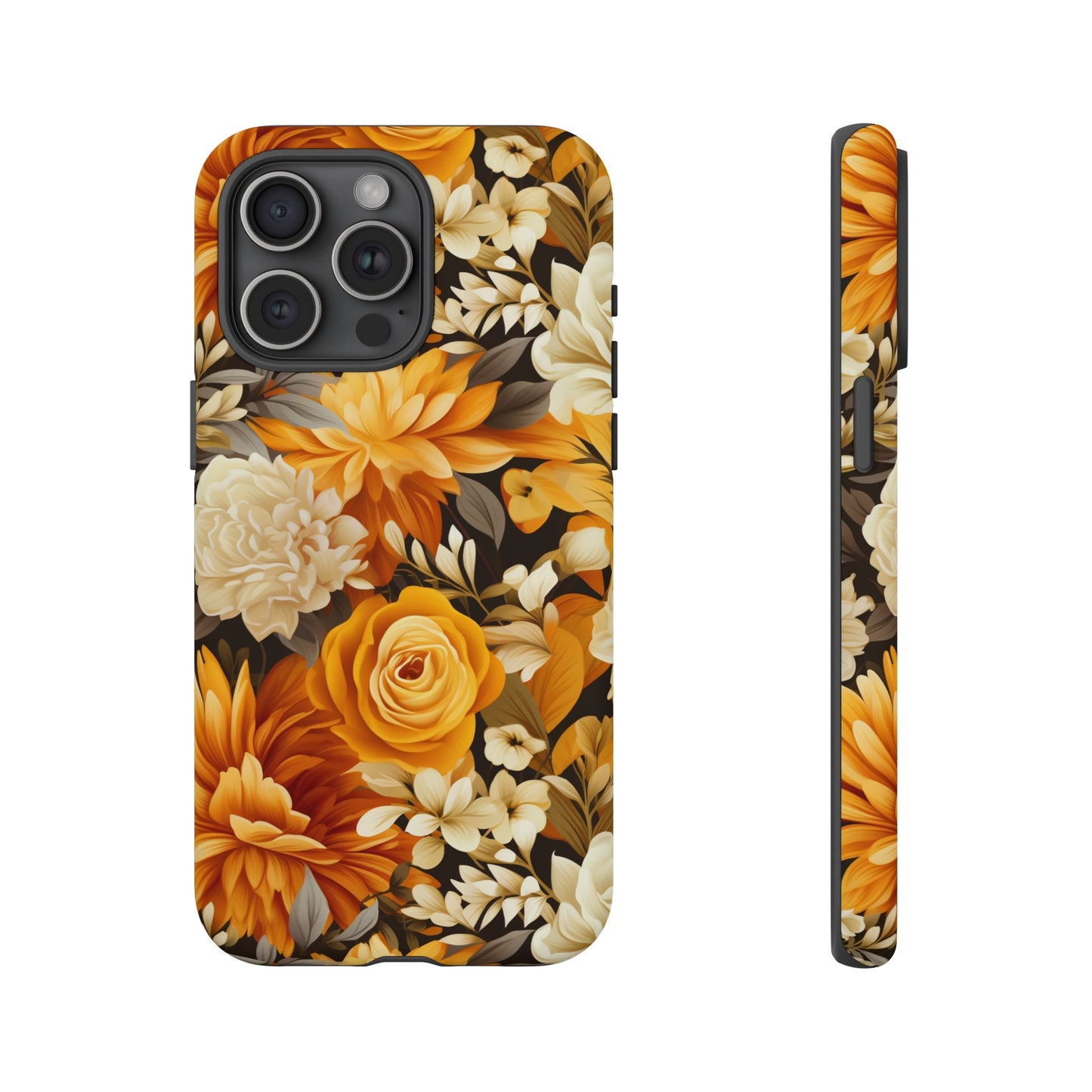 Autumnal Romance: Golden and White Blossoms on Black - Tough Phone Case