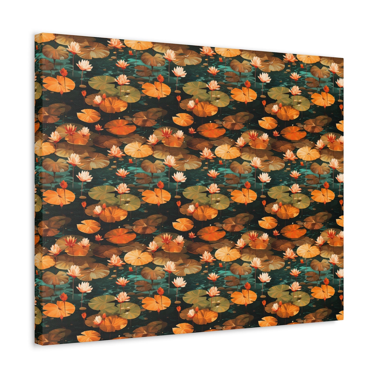 Orange Lotus Whisper: Autumn on the Water - Satin Canvas, Stretched