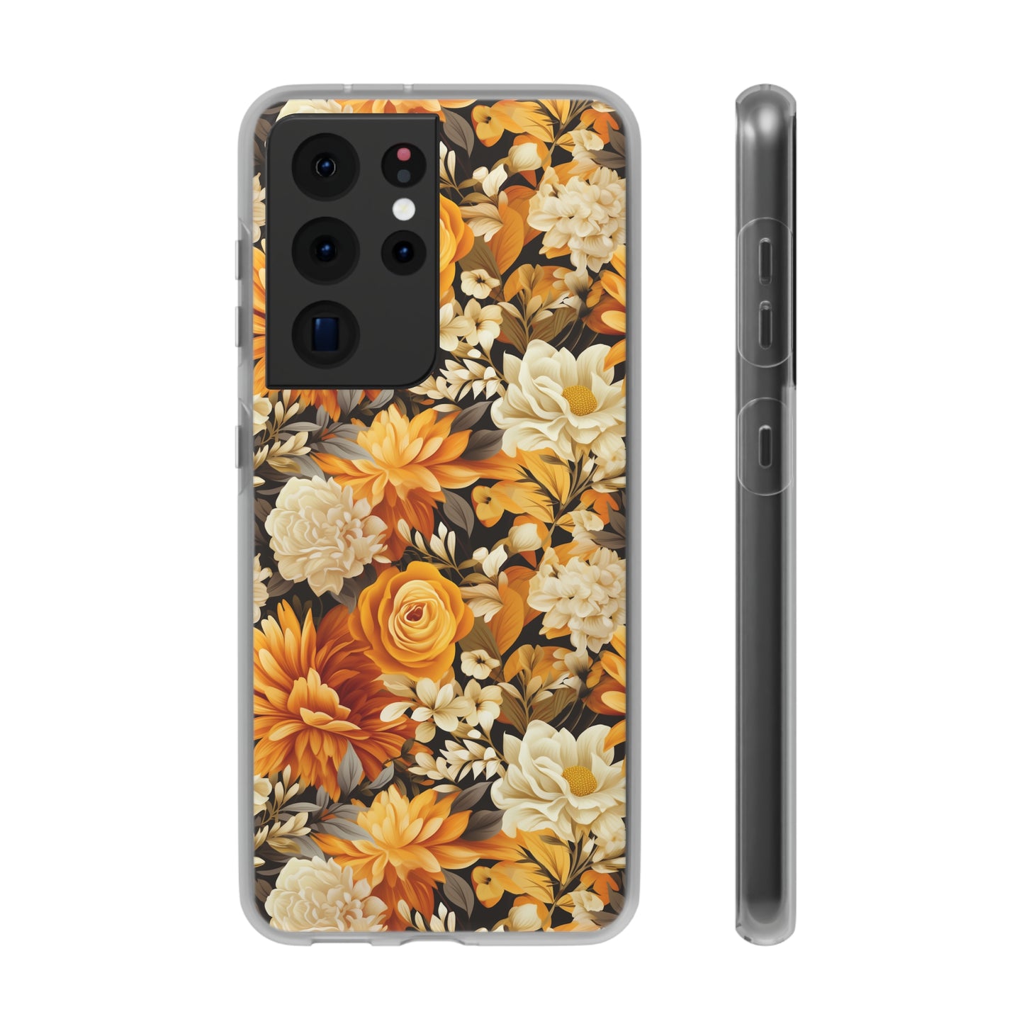 Autumnal Romance: Golden and White Blossoms on Black - Flexible Phone Case