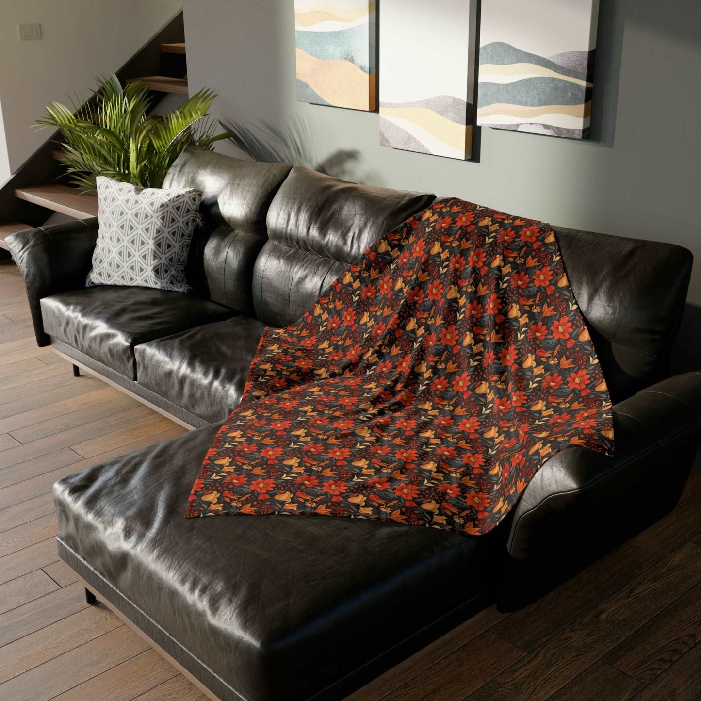 Autumn Blossom Noir: A Dark Floral Canvas - The Ideal Throw for Sofas - Pattern Symphony