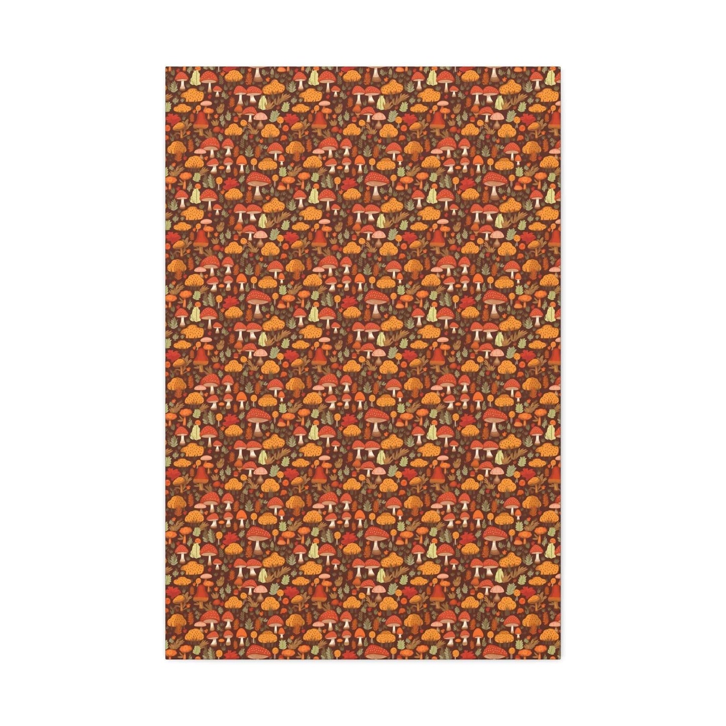 Autumn Spore Wonderland: Enchanting Mushroom and Leaf Designs - Satin Canvas, Stretched - Pattern Symphony