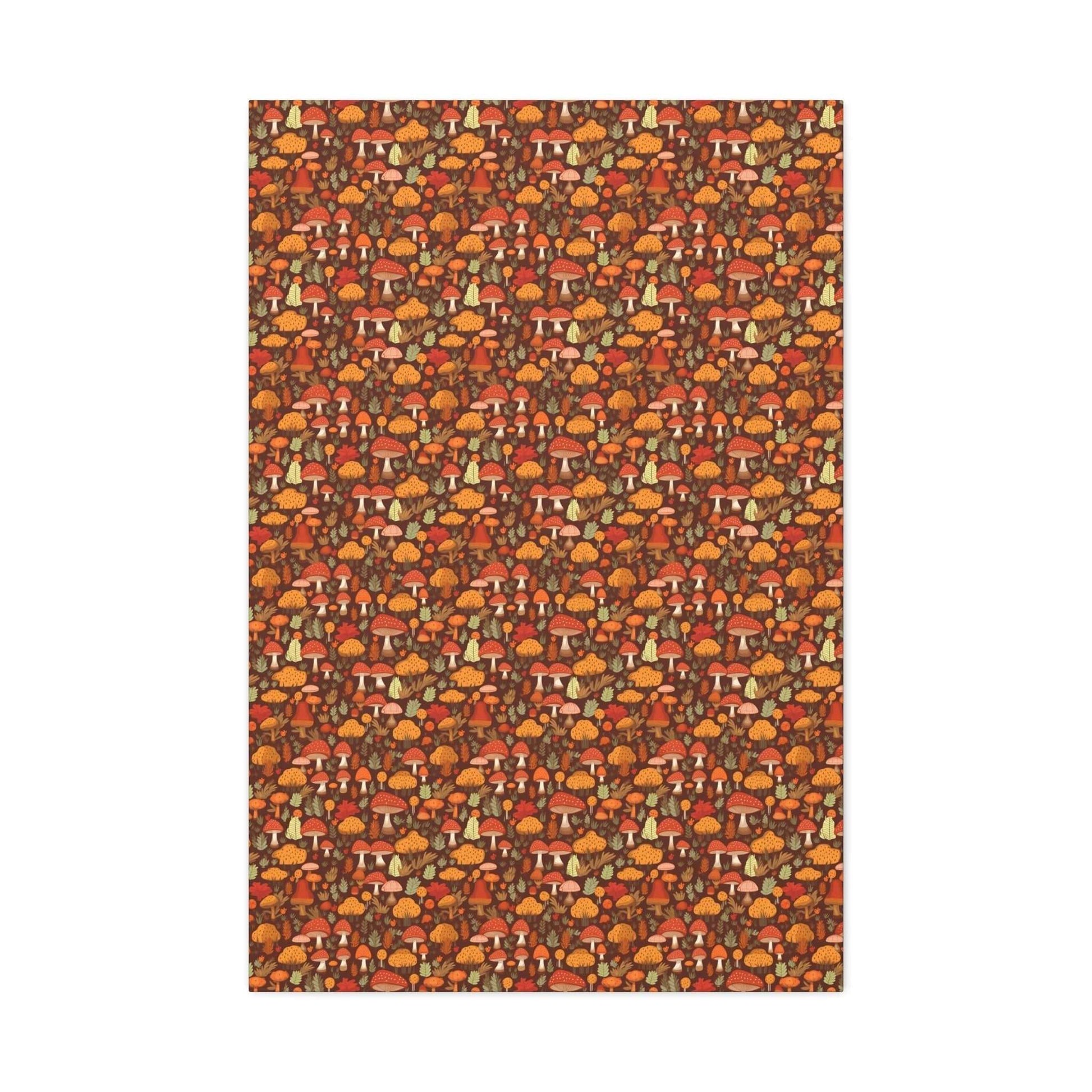 Autumn Spore Wonderland: Enchanting Mushroom and Leaf Designs - Satin Canvas, Stretched - Pattern Symphony