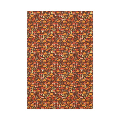 Autumn Spore Wonderland: Enchanting Mushroom and Leaf Designs - Satin Canvas, Stretched - Pattern Symphony