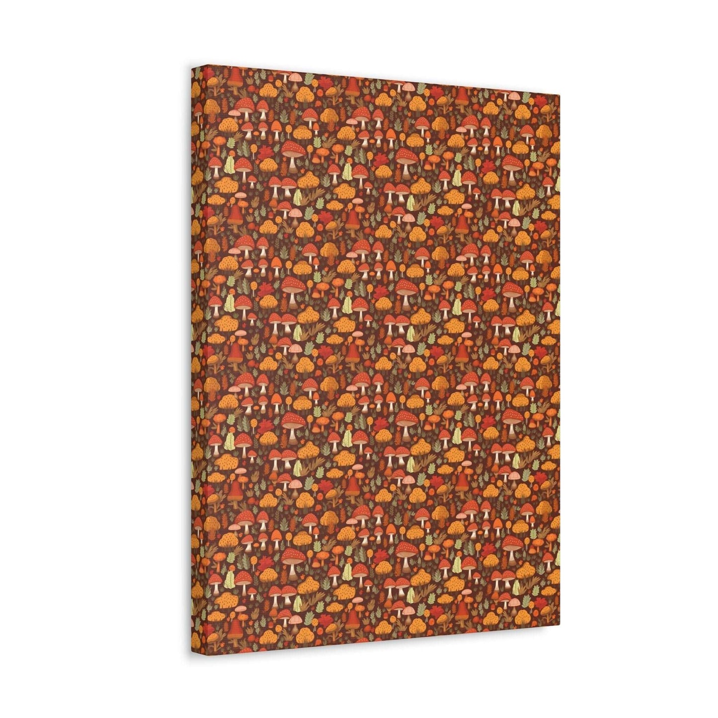 Autumn Spore Wonderland: Enchanting Mushroom and Leaf Designs - Satin Canvas, Stretched - Pattern Symphony