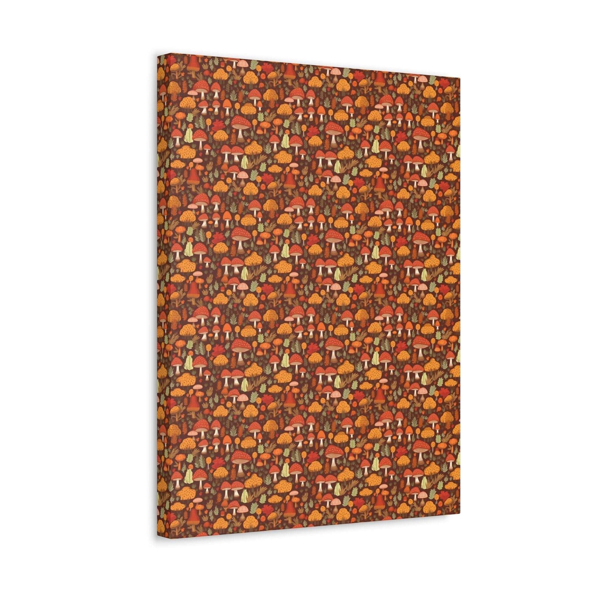 Autumn Spore Wonderland: Enchanting Mushroom and Leaf Designs - Satin Canvas, Stretched - Pattern Symphony