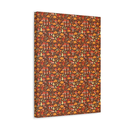 Autumn Spore Wonderland: Enchanting Mushroom and Leaf Designs - Satin Canvas, Stretched - Pattern Symphony