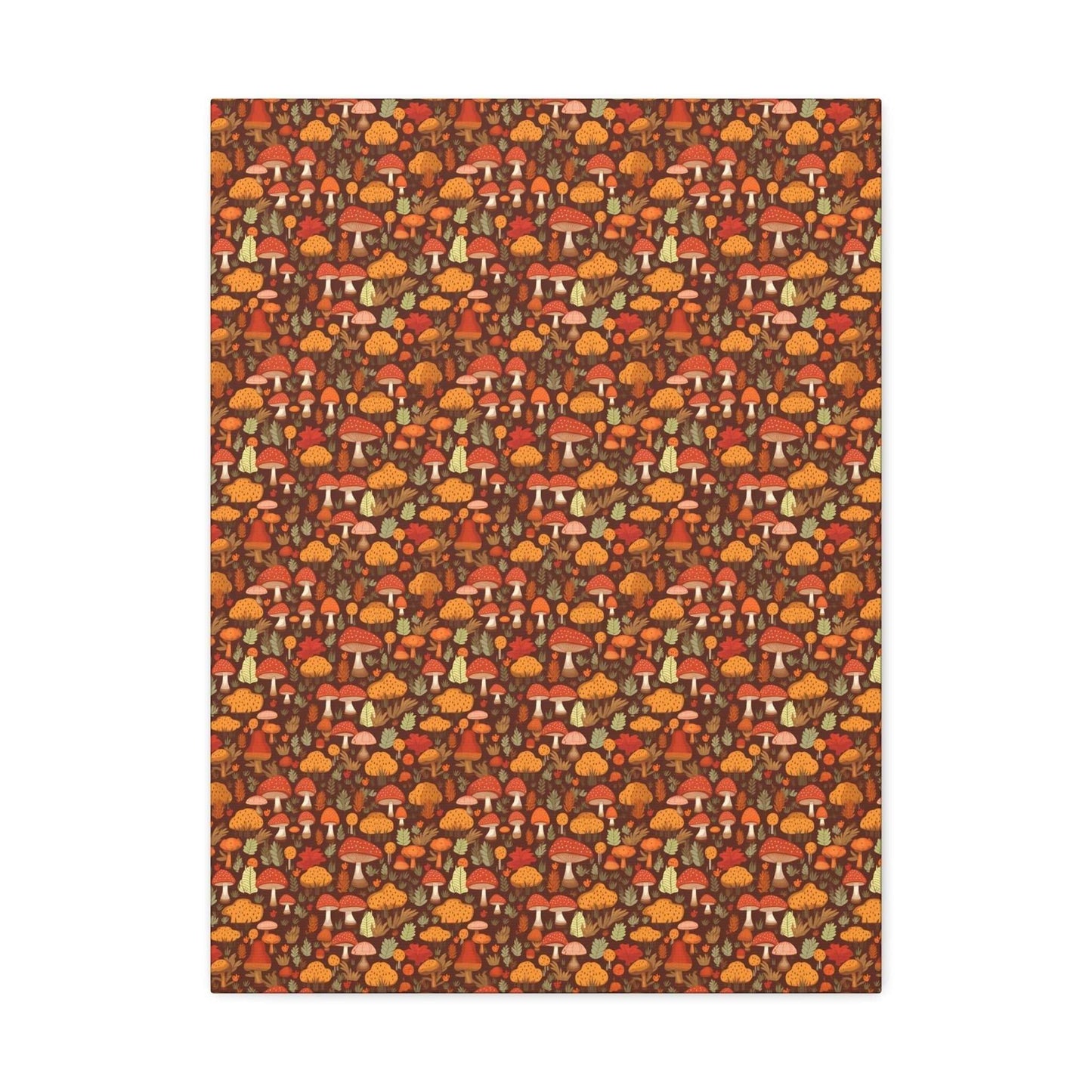 Autumn Spore Wonderland: Enchanting Mushroom and Leaf Designs - Satin Canvas, Stretched - Pattern Symphony