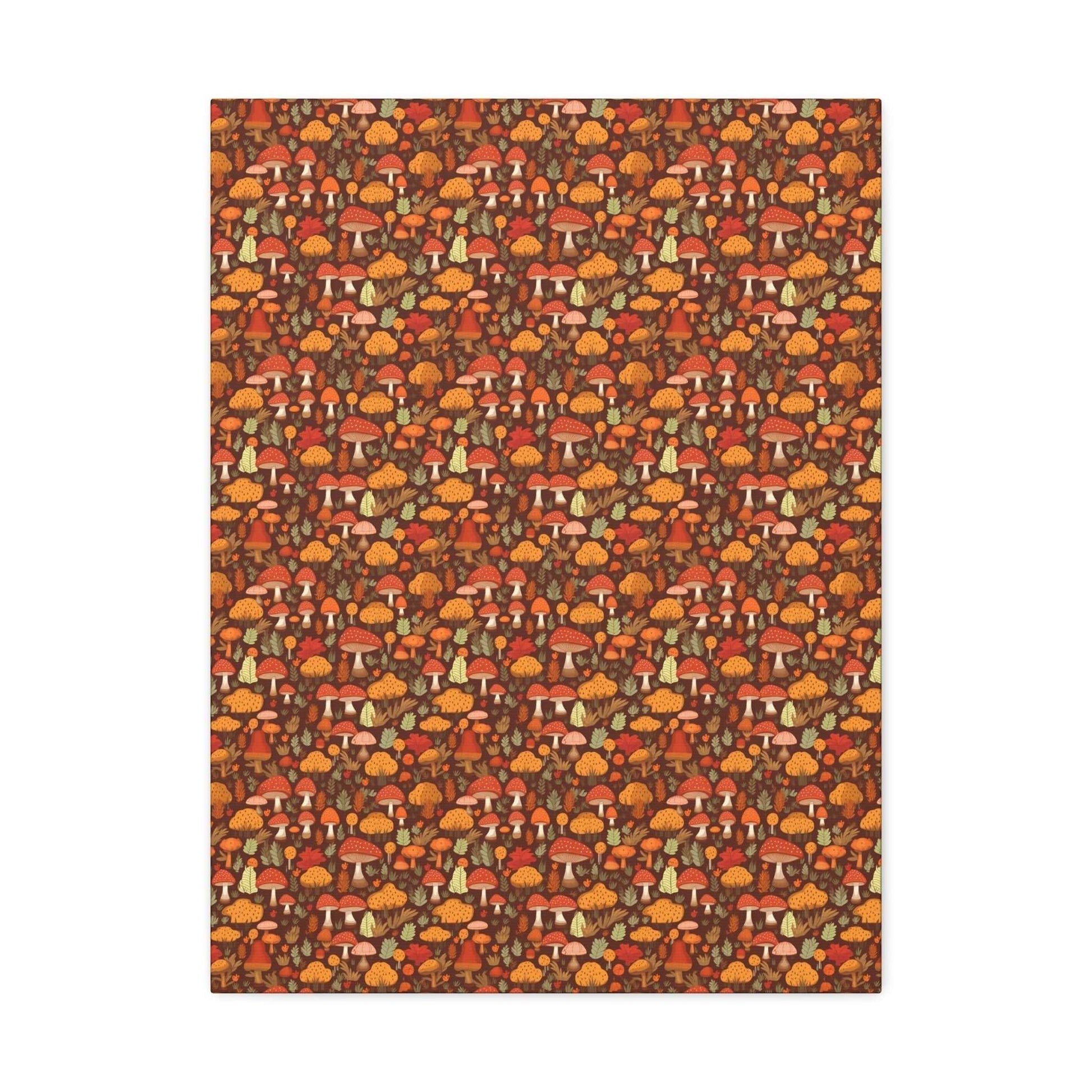 Autumn Spore Wonderland: Enchanting Mushroom and Leaf Designs - Satin Canvas, Stretched - Pattern Symphony