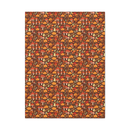 Autumn Spore Wonderland: Enchanting Mushroom and Leaf Designs - Satin Canvas, Stretched - Pattern Symphony