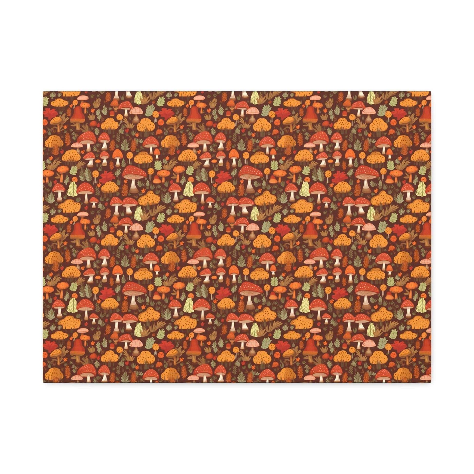 Autumn Spore Wonderland: Enchanting Mushroom and Leaf Designs - Satin Canvas, Stretched - Pattern Symphony