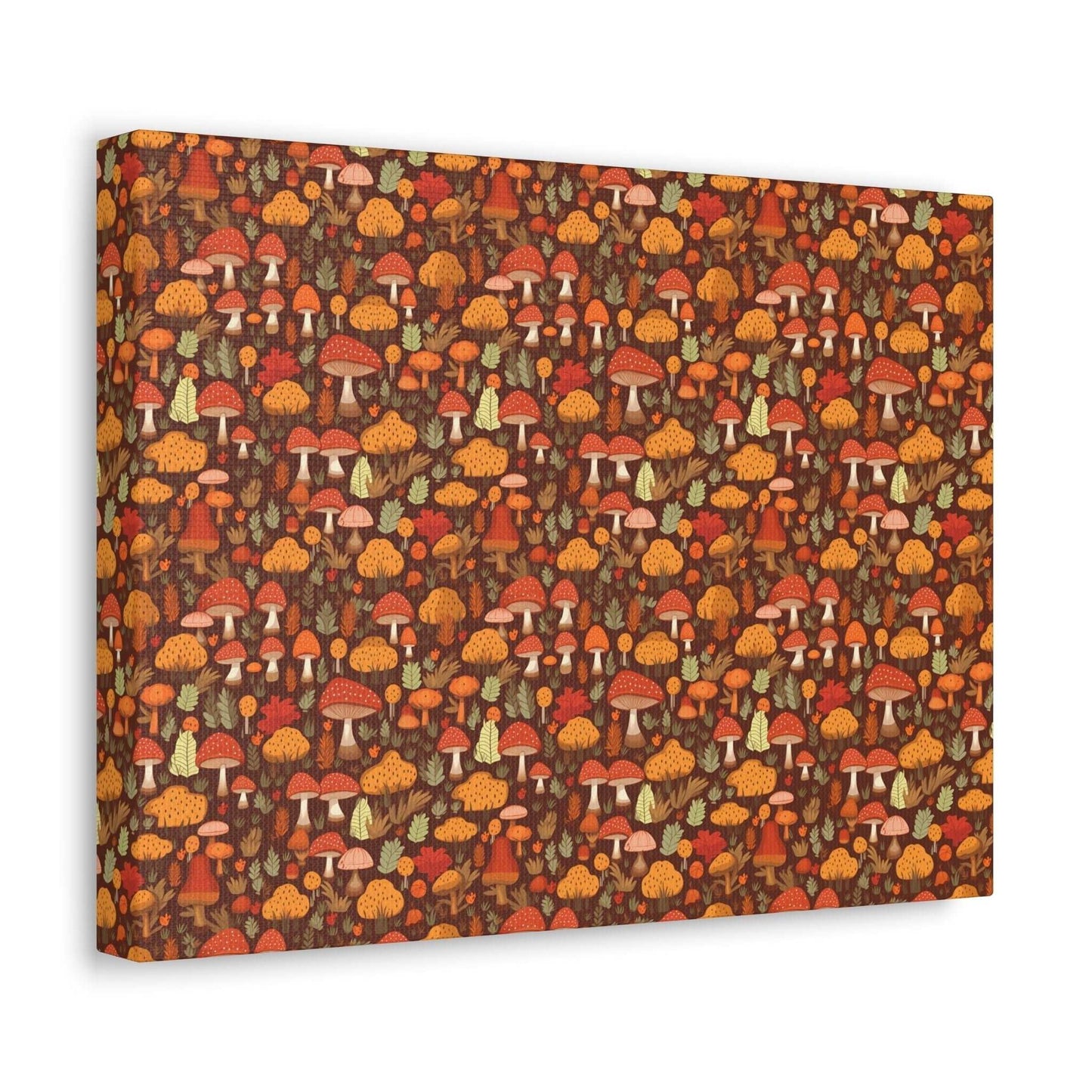 Autumn Spore Wonderland: Enchanting Mushroom and Leaf Designs - Satin Canvas, Stretched - Pattern Symphony