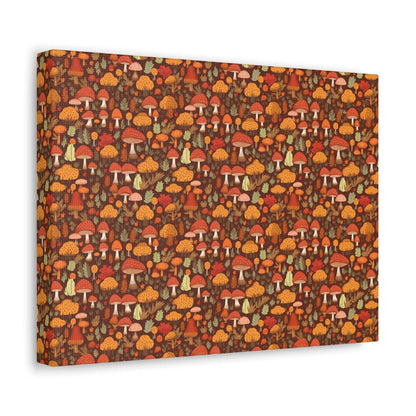 Autumn Spore Wonderland: Enchanting Mushroom and Leaf Designs - Satin Canvas, Stretched - Pattern Symphony