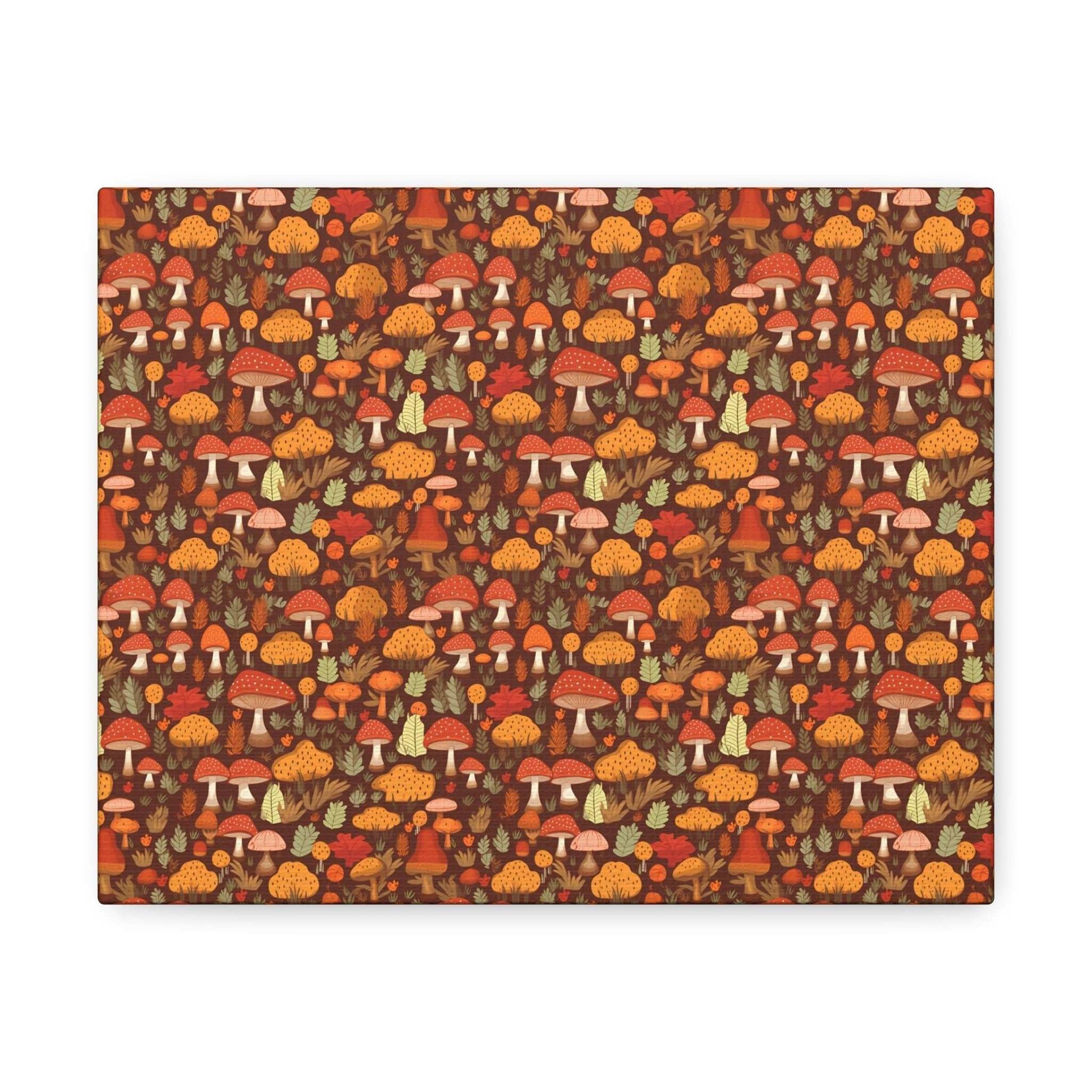 Autumn Spore Wonderland: Enchanting Mushroom and Leaf Designs - Satin Canvas, Stretched - Pattern Symphony