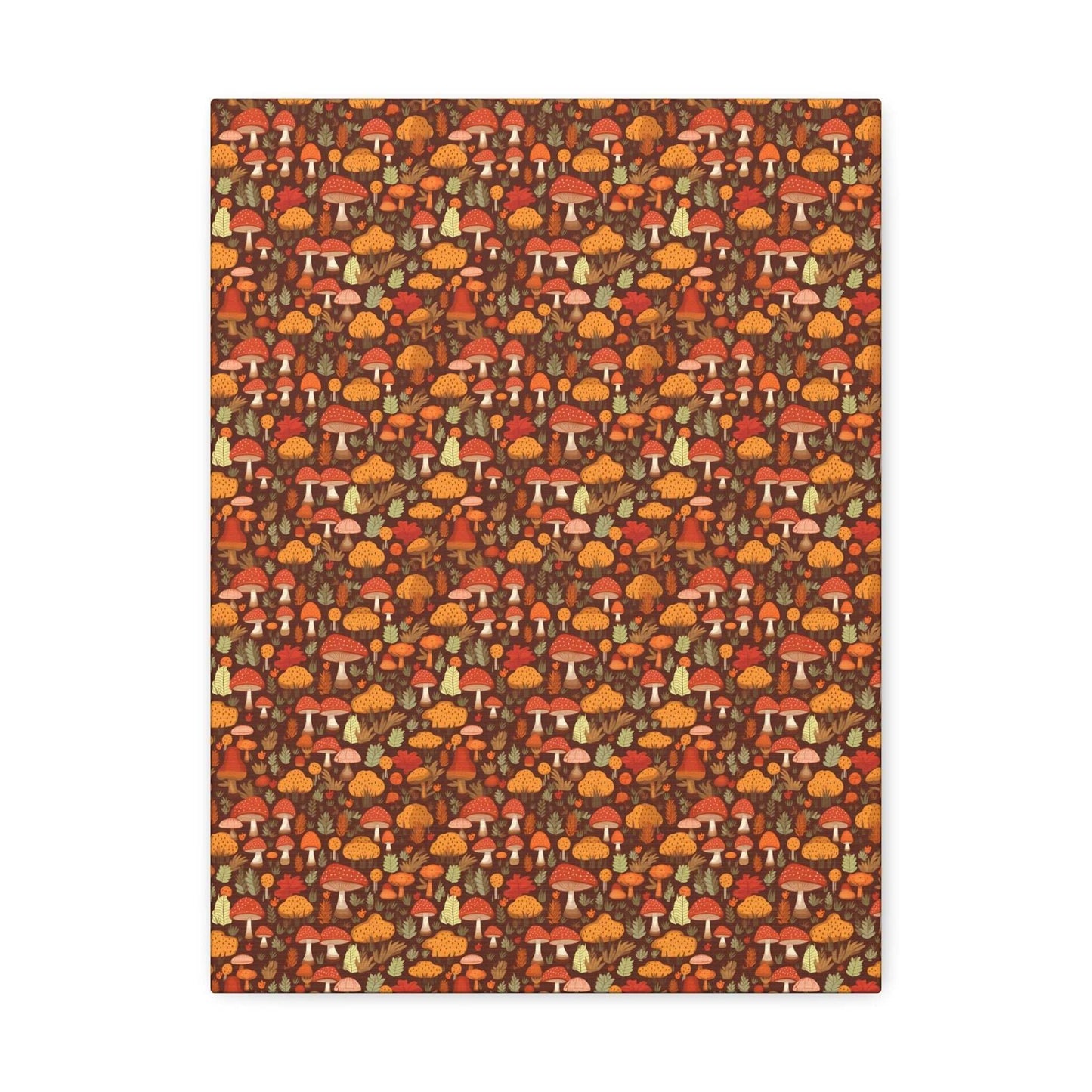 Autumn Spore Wonderland: Enchanting Mushroom and Leaf Designs - Satin Canvas, Stretched - Pattern Symphony