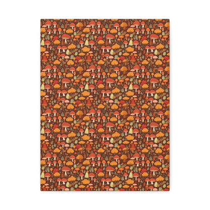 Autumn Spore Wonderland: Enchanting Mushroom and Leaf Designs - Satin Canvas, Stretched - Pattern Symphony