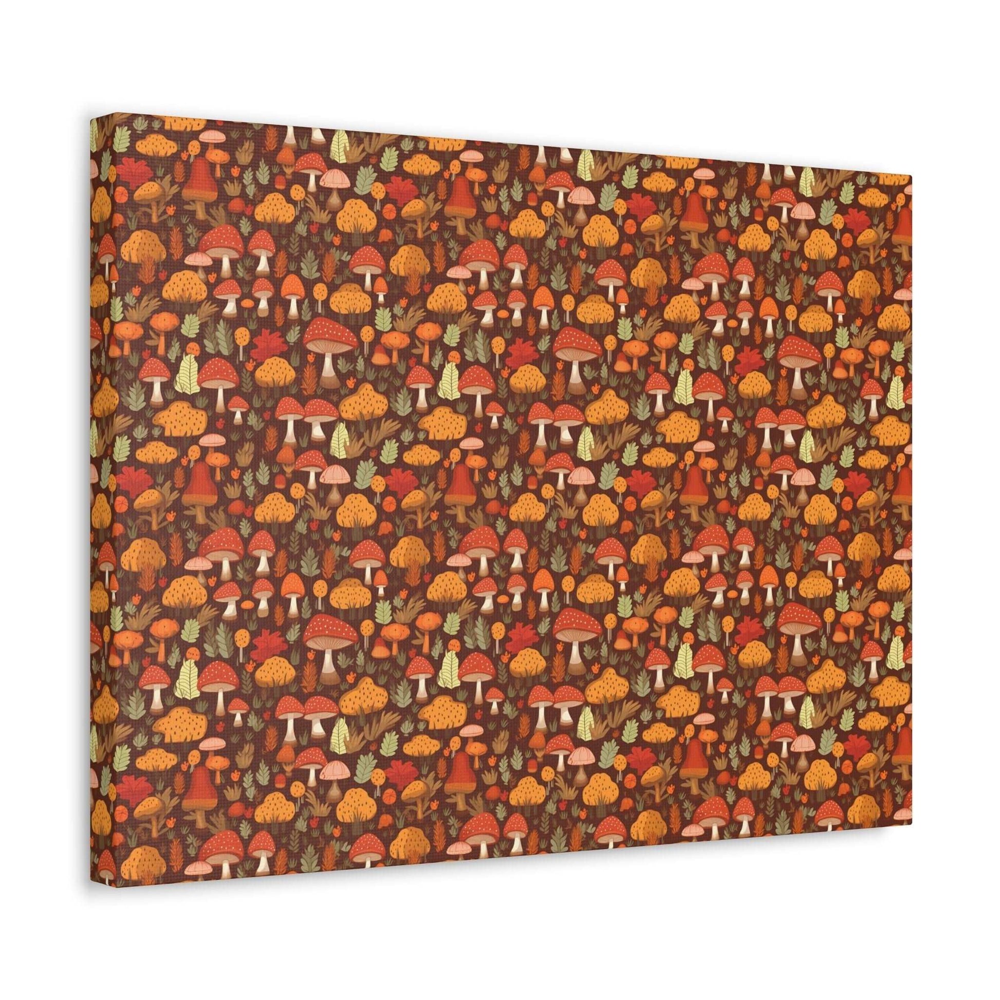 Autumn Spore Wonderland: Enchanting Mushroom and Leaf Designs - Satin Canvas, Stretched - Pattern Symphony