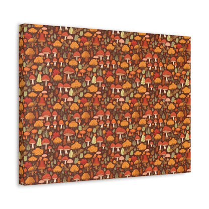 Autumn Spore Wonderland: Enchanting Mushroom and Leaf Designs - Satin Canvas, Stretched - Pattern Symphony