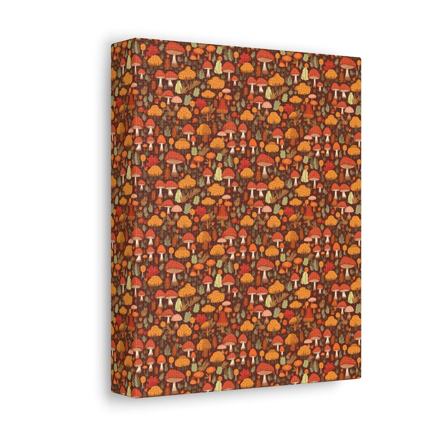 Autumn Spore Wonderland: Enchanting Mushroom and Leaf Designs - Satin Canvas, Stretched - Pattern Symphony