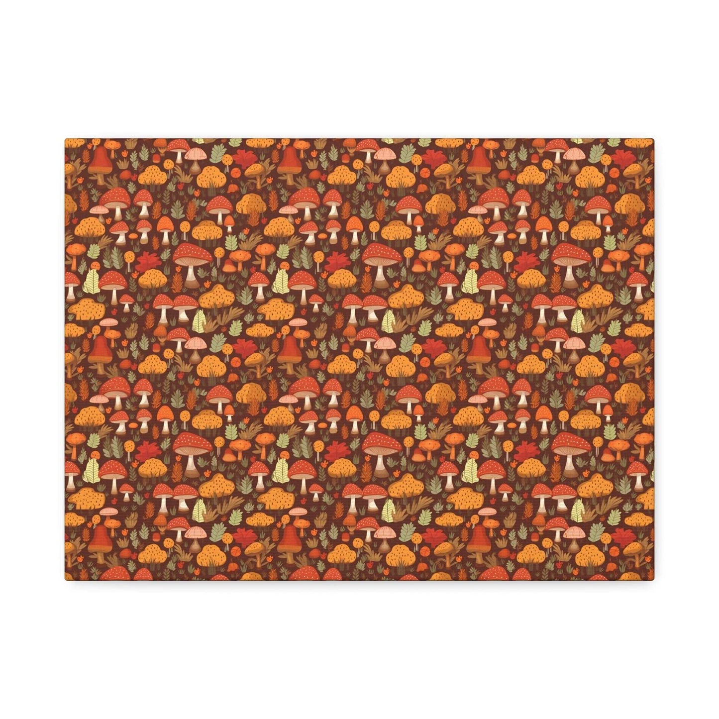 Autumn Spore Wonderland: Enchanting Mushroom and Leaf Designs - Satin Canvas, Stretched - Pattern Symphony