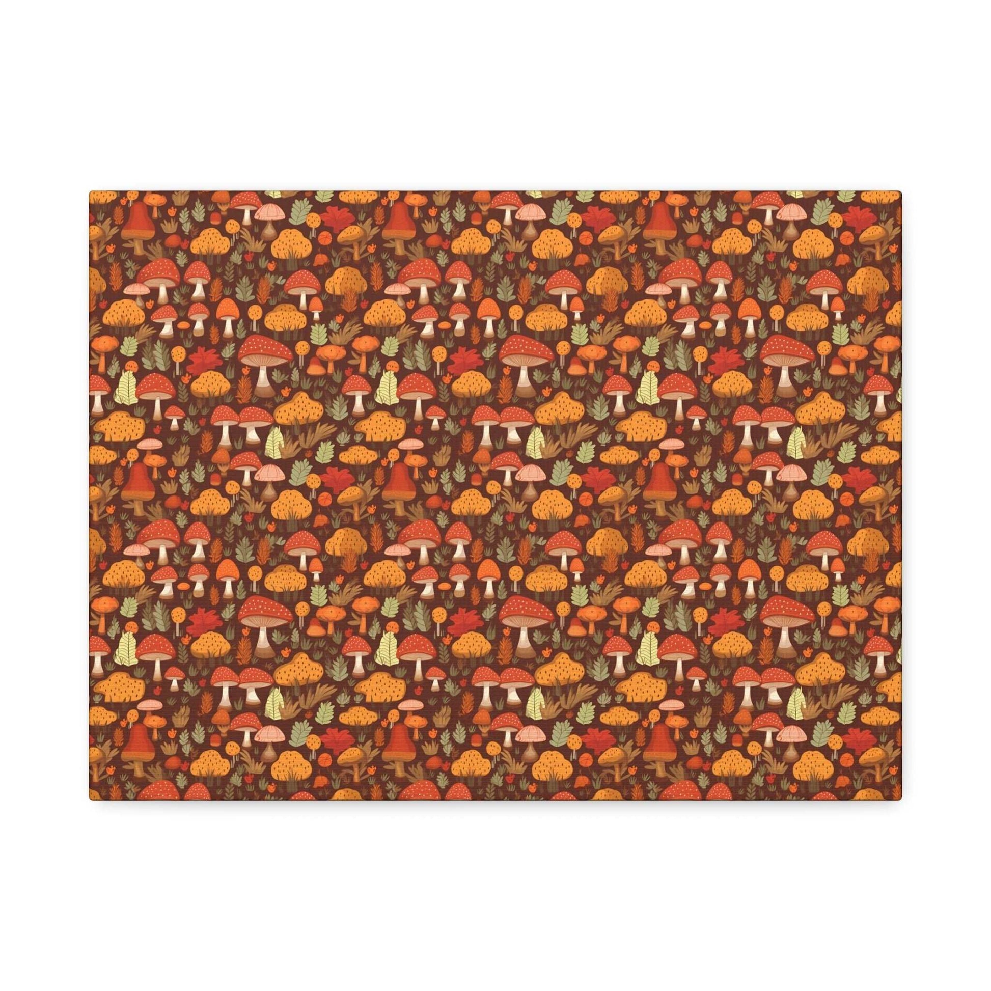 Autumn Spore Wonderland: Enchanting Mushroom and Leaf Designs - Satin Canvas, Stretched - Pattern Symphony