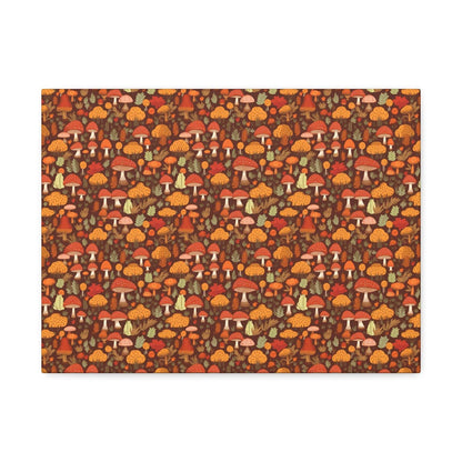 Autumn Spore Wonderland: Enchanting Mushroom and Leaf Designs - Satin Canvas, Stretched - Pattern Symphony