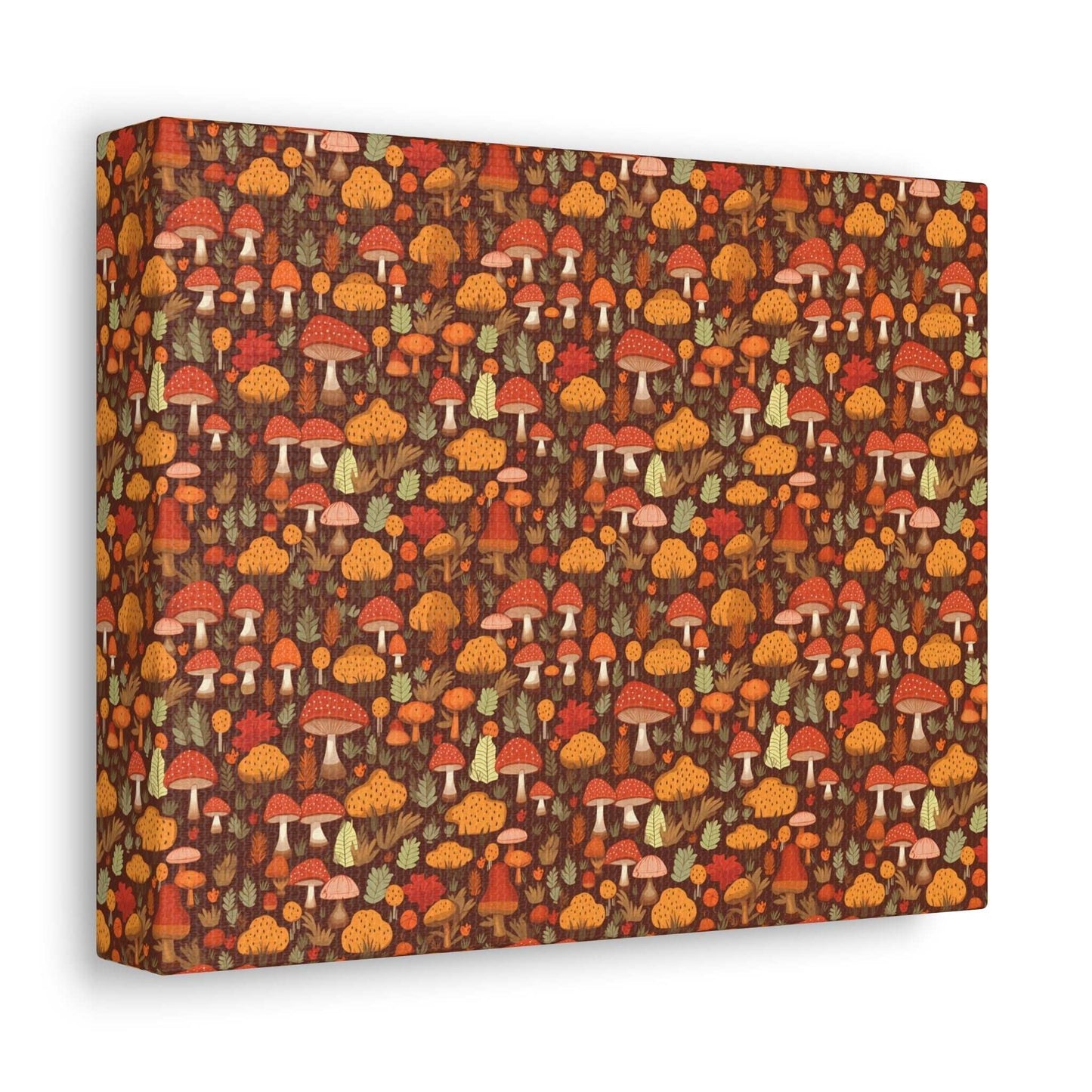 Autumn Spore Wonderland: Enchanting Mushroom and Leaf Designs - Satin Canvas, Stretched - Pattern Symphony