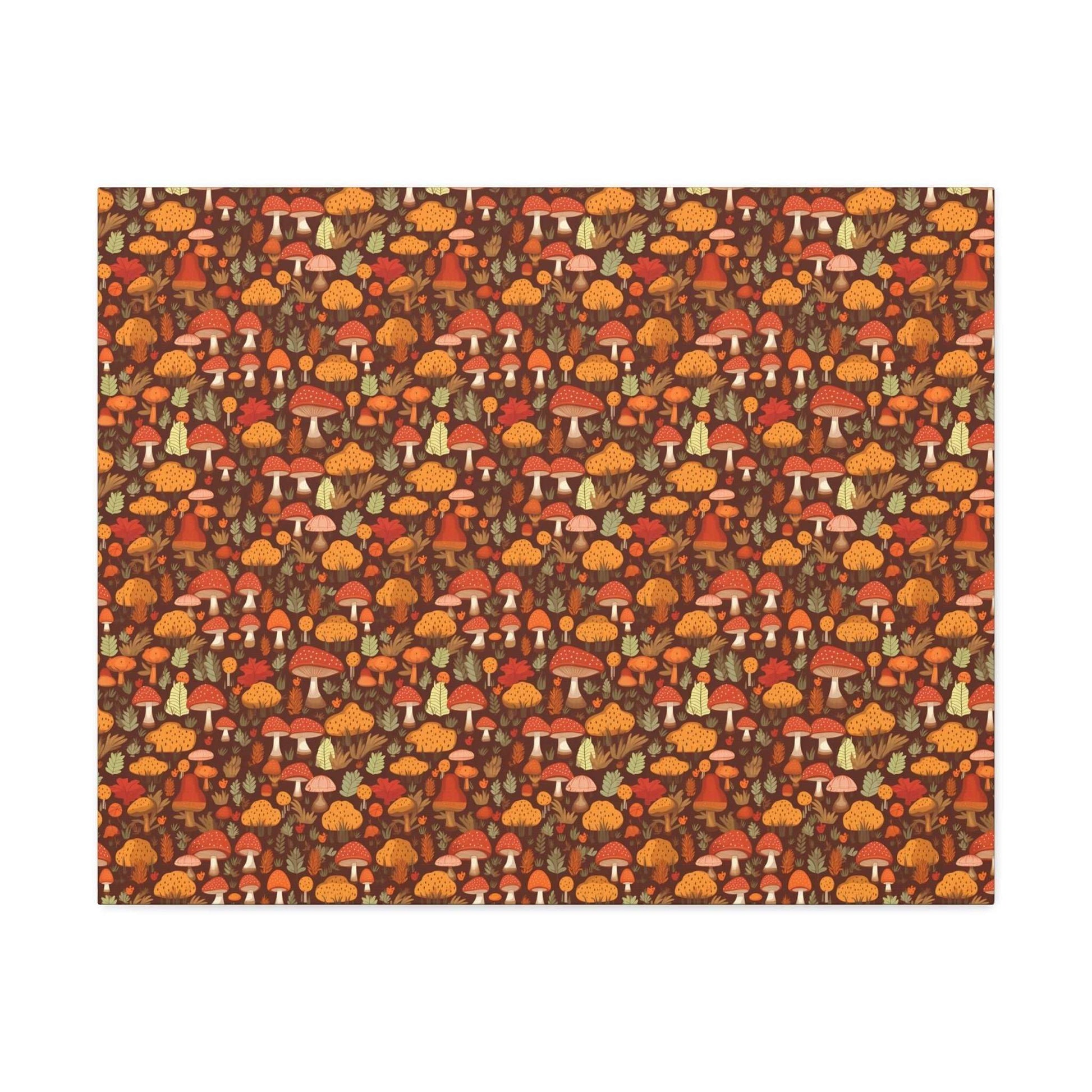 Autumn Spore Wonderland: Enchanting Mushroom and Leaf Designs - Satin Canvas, Stretched - Pattern Symphony