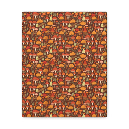 Autumn Spore Wonderland: Enchanting Mushroom and Leaf Designs - Satin Canvas, Stretched - Pattern Symphony