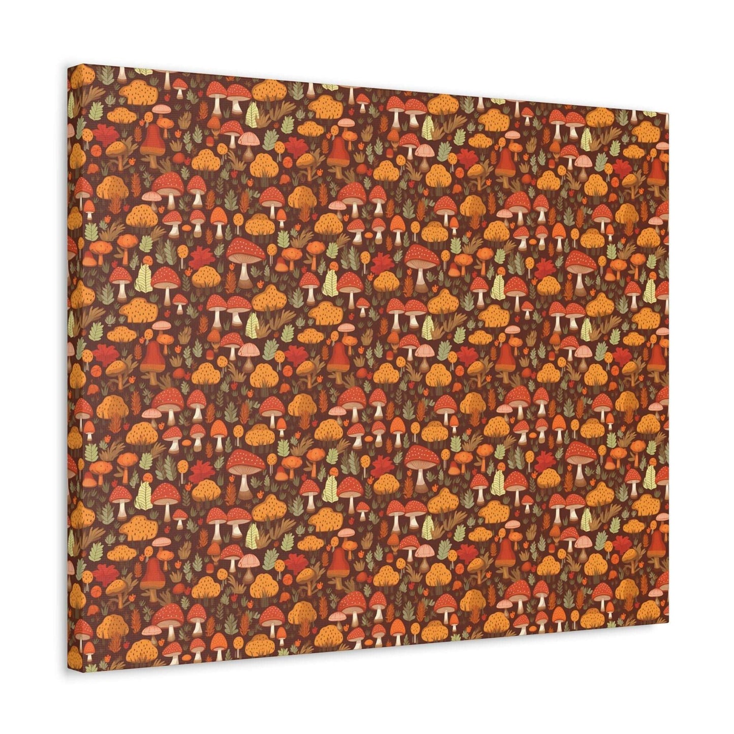 Autumn Spore Wonderland: Enchanting Mushroom and Leaf Designs - Satin Canvas, Stretched - Pattern Symphony