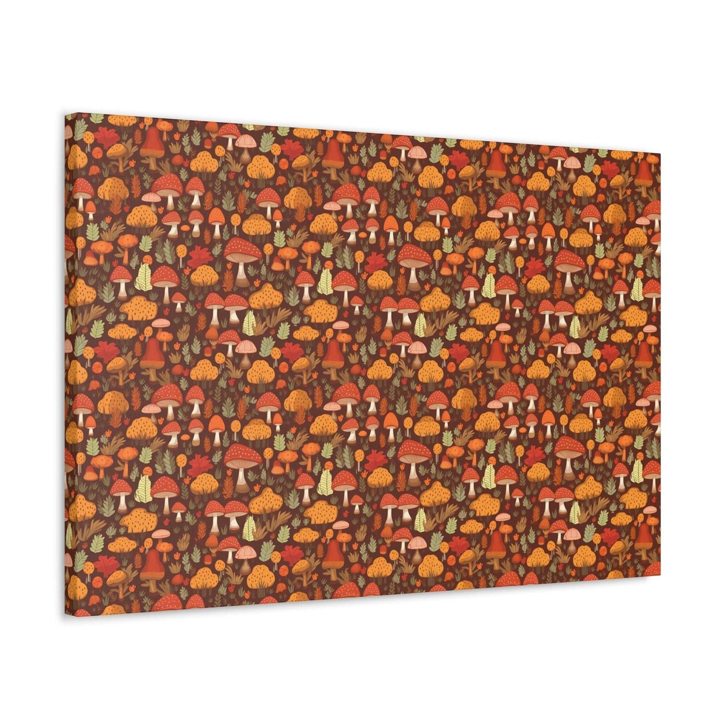 Autumn Spore Wonderland: Enchanting Mushroom and Leaf Designs - Satin Canvas, Stretched - Pattern Symphony