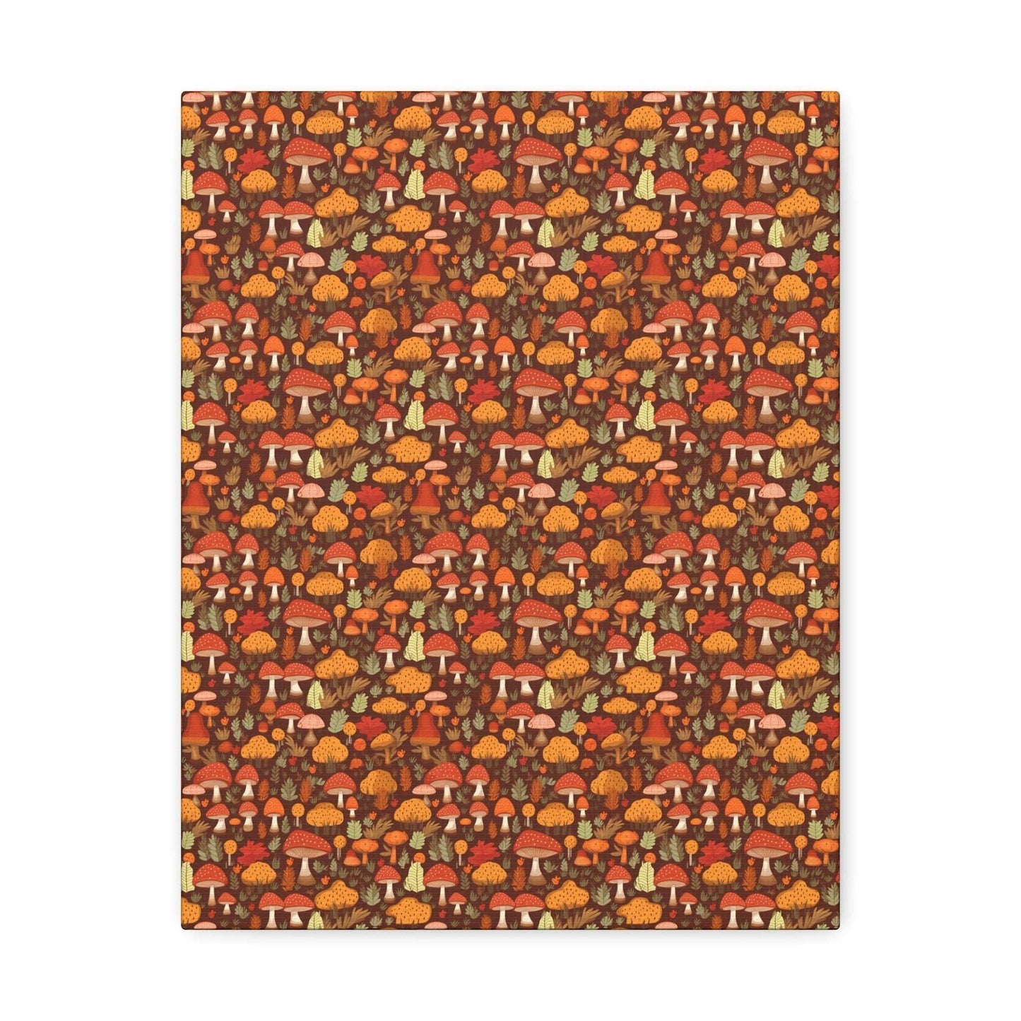 Autumn Spore Wonderland: Enchanting Mushroom and Leaf Designs - Satin Canvas, Stretched - Pattern Symphony