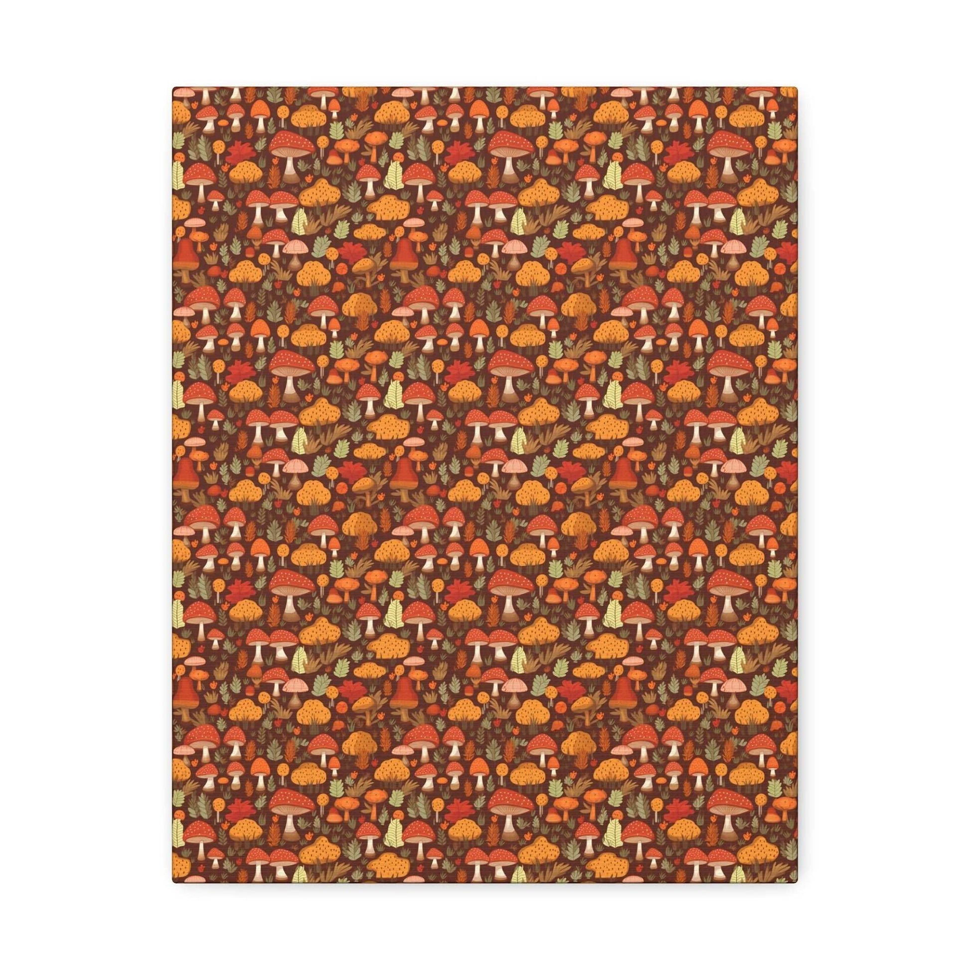 Autumn Spore Wonderland: Enchanting Mushroom and Leaf Designs - Satin Canvas, Stretched - Pattern Symphony