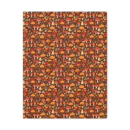 Autumn Spore Wonderland: Enchanting Mushroom and Leaf Designs - Satin Canvas, Stretched - Pattern Symphony