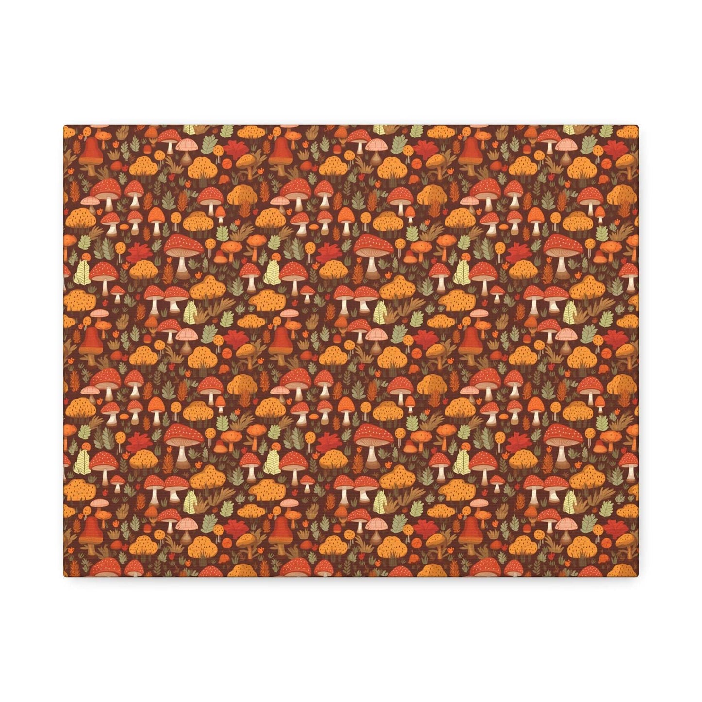 Autumn Spore Wonderland: Enchanting Mushroom and Leaf Designs - Satin Canvas, Stretched - Pattern Symphony