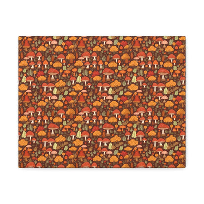 Autumn Spore Wonderland: Enchanting Mushroom and Leaf Designs - Satin Canvas, Stretched - Pattern Symphony