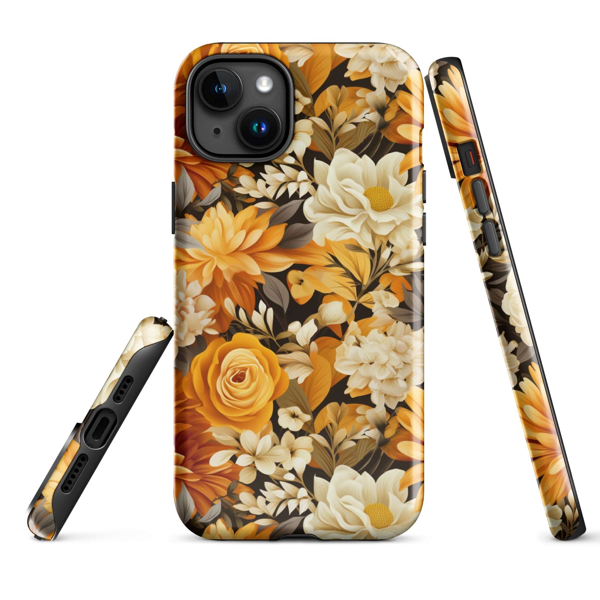 Autumnal Romance - Golden and White Blossoms on Black - iPhone Case - Pattern Symphony