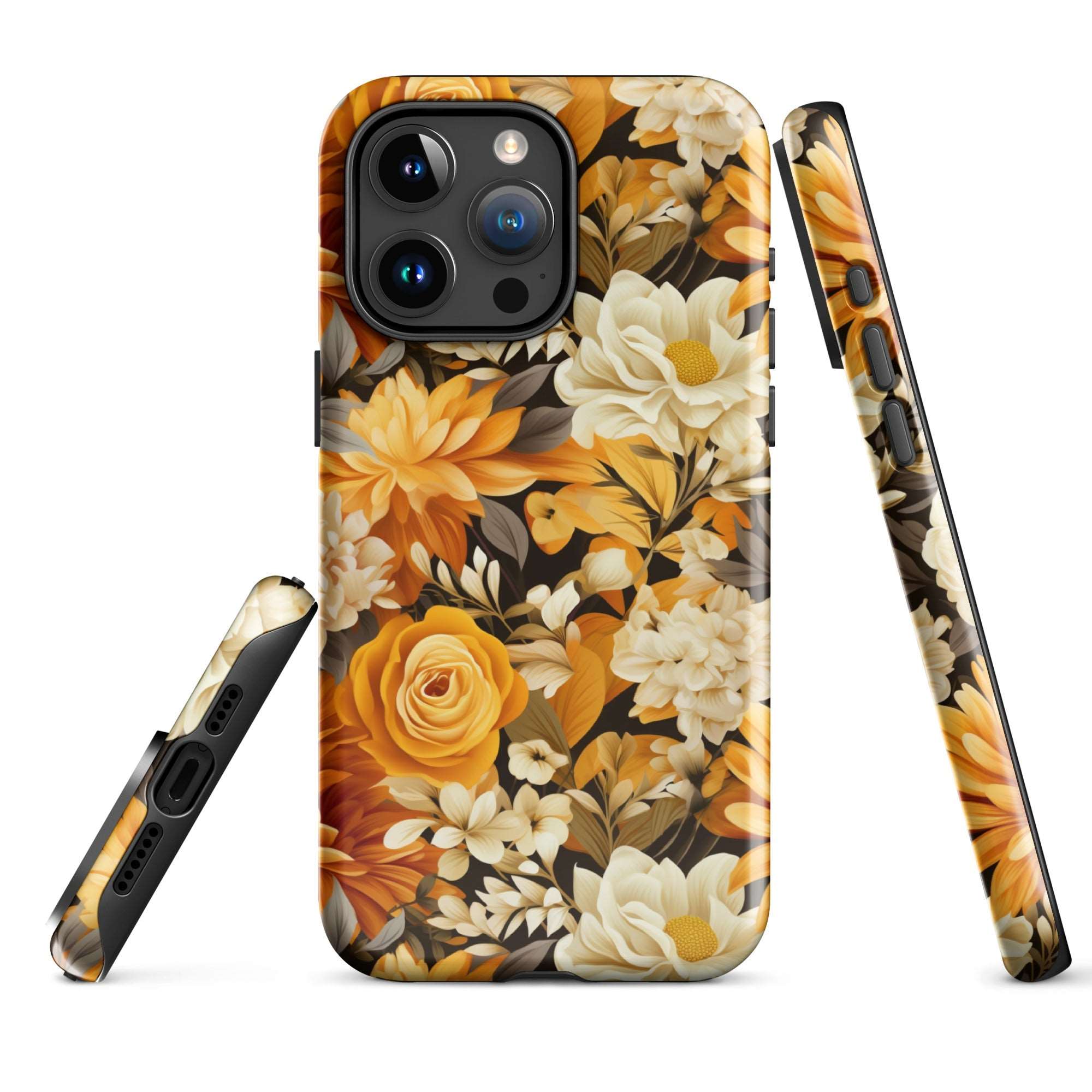 Autumnal Romance - Golden and White Blossoms on Black - iPhone Case - Pattern Symphony