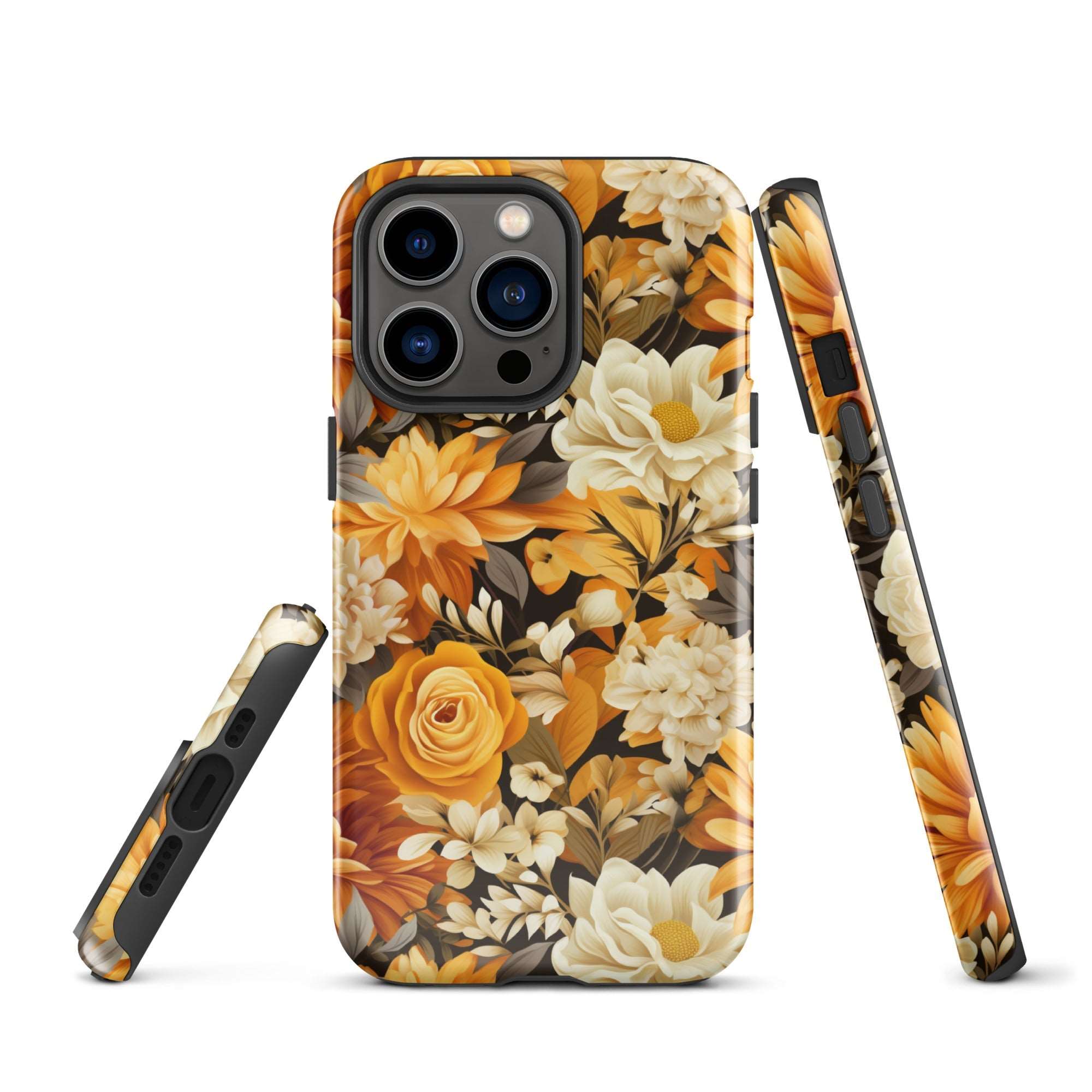 Autumnal Romance - Golden and White Blossoms on Black - iPhone Case - Pattern Symphony