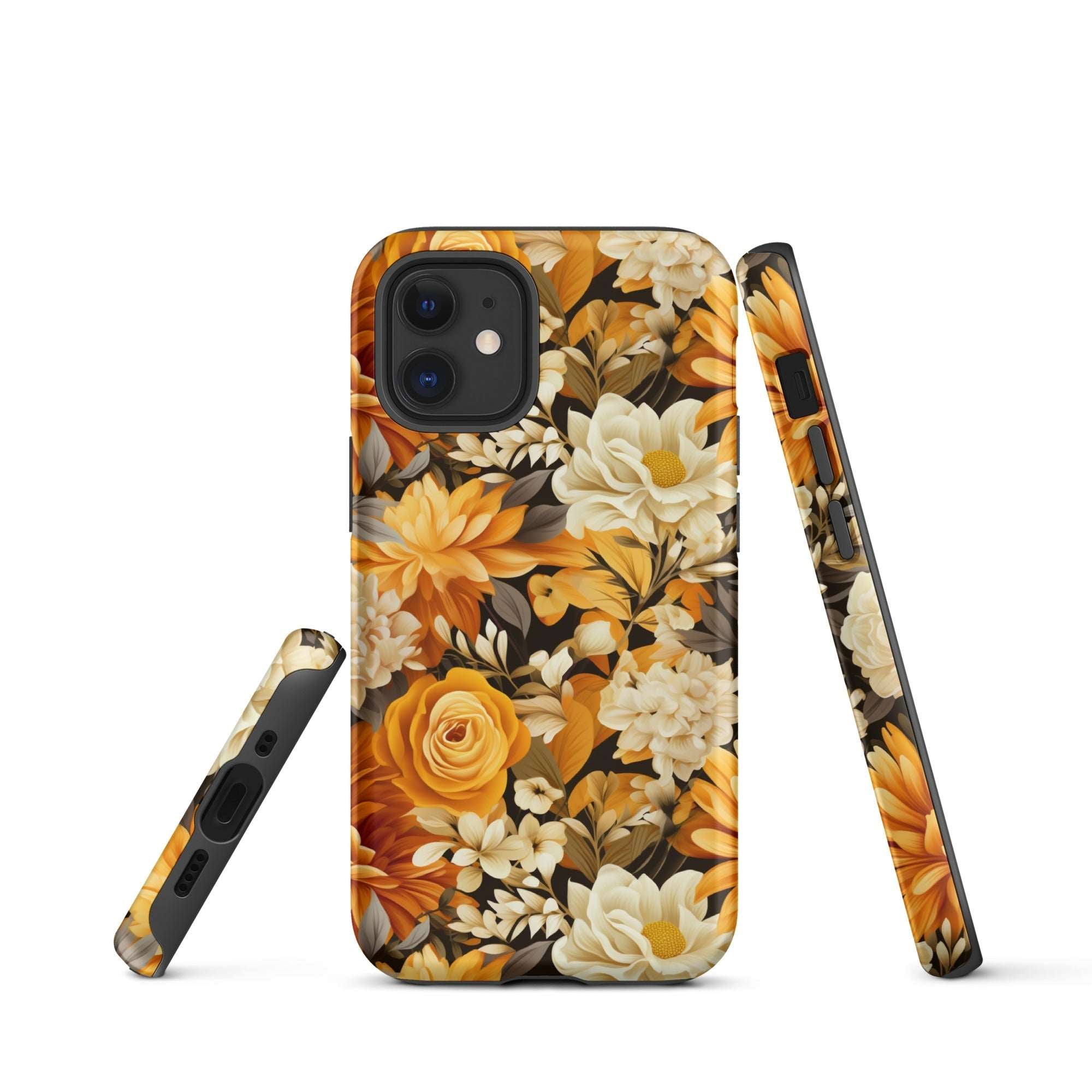 Autumnal Romance - Golden and White Blossoms on Black - iPhone Case - Pattern Symphony