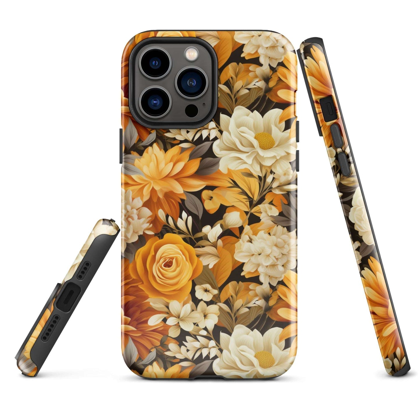 Autumnal Romance - Golden and White Blossoms on Black - iPhone Case - Pattern Symphony