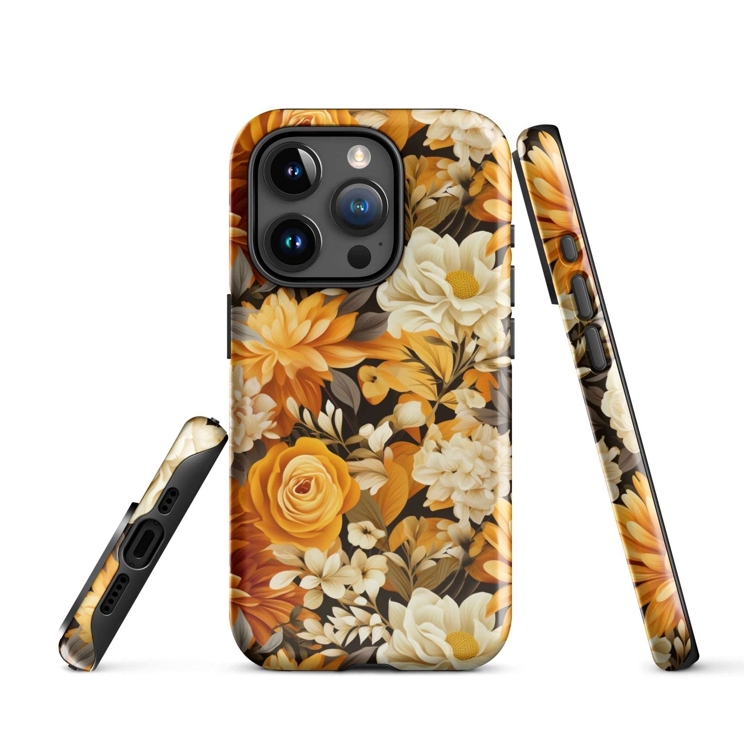 Autumnal Romance - Golden and White Blossoms on Black - iPhone Case - Pattern Symphony