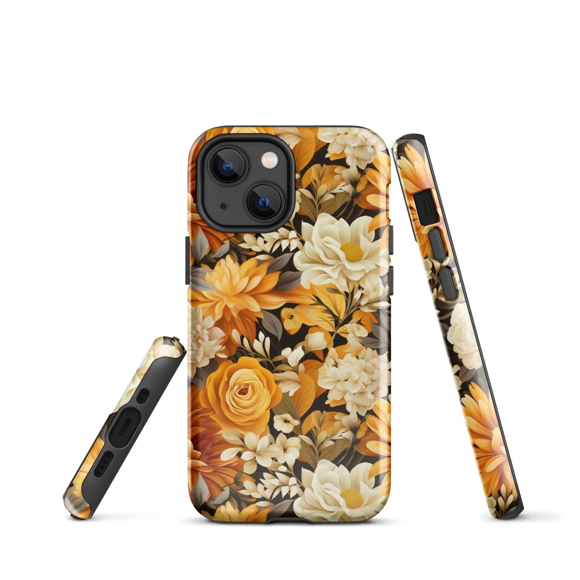 Autumnal Romance - Golden and White Blossoms on Black - iPhone Case - Pattern Symphony