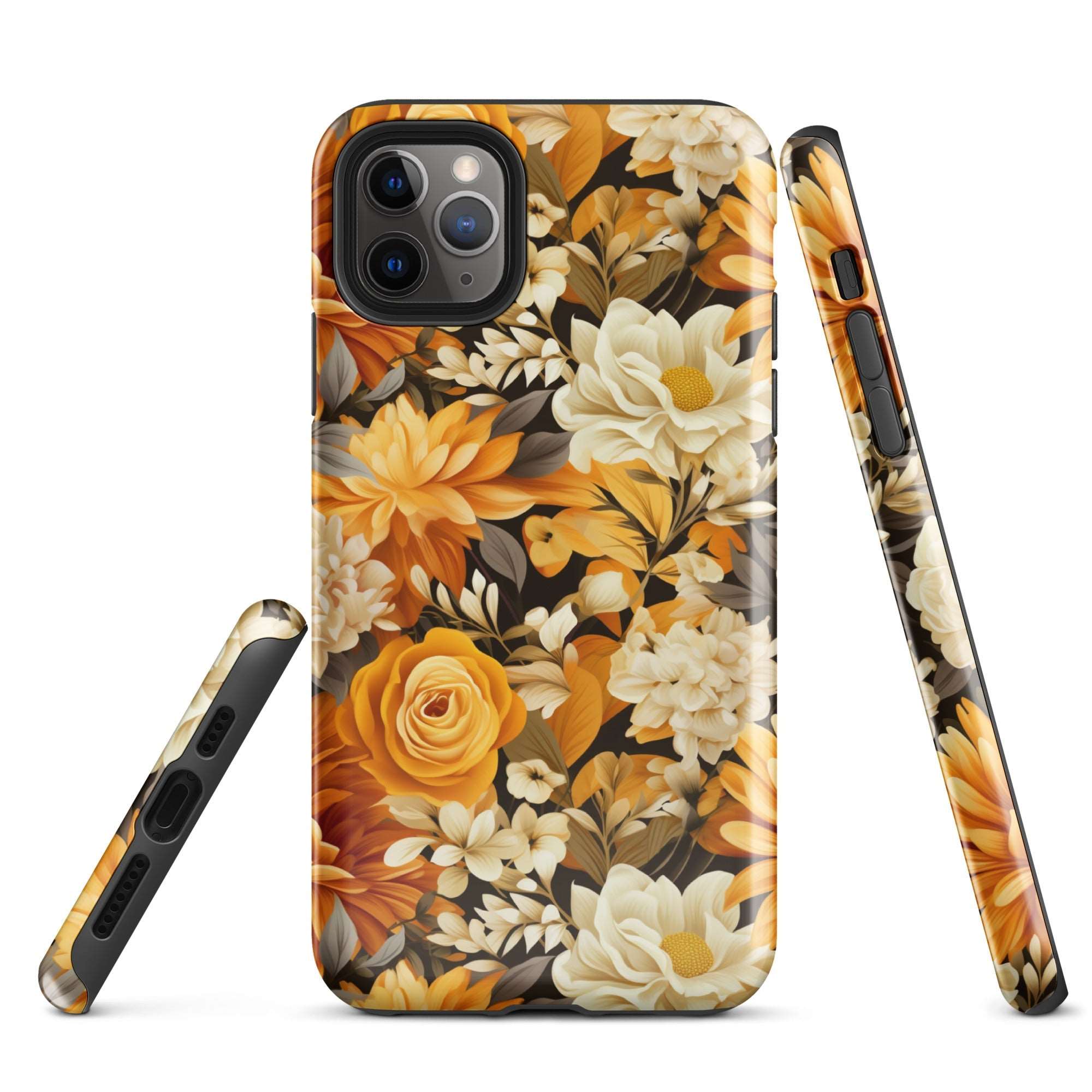 Autumnal Romance - Golden and White Blossoms on Black - iPhone Case - Pattern Symphony