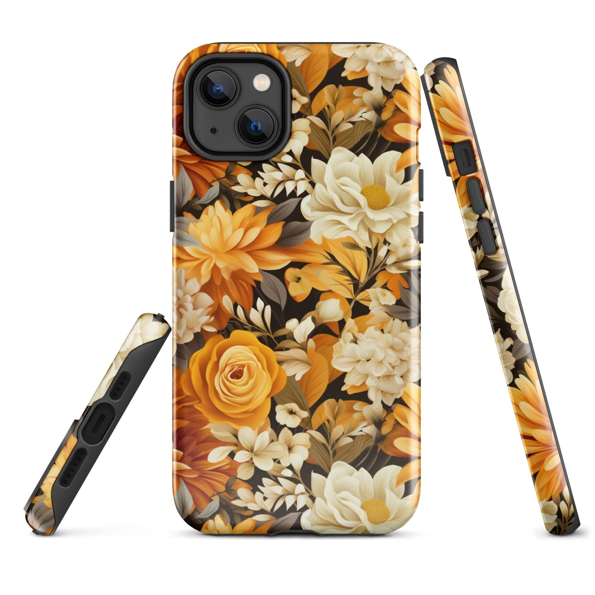 Autumnal Romance - Golden and White Blossoms on Black - iPhone Case - Pattern Symphony