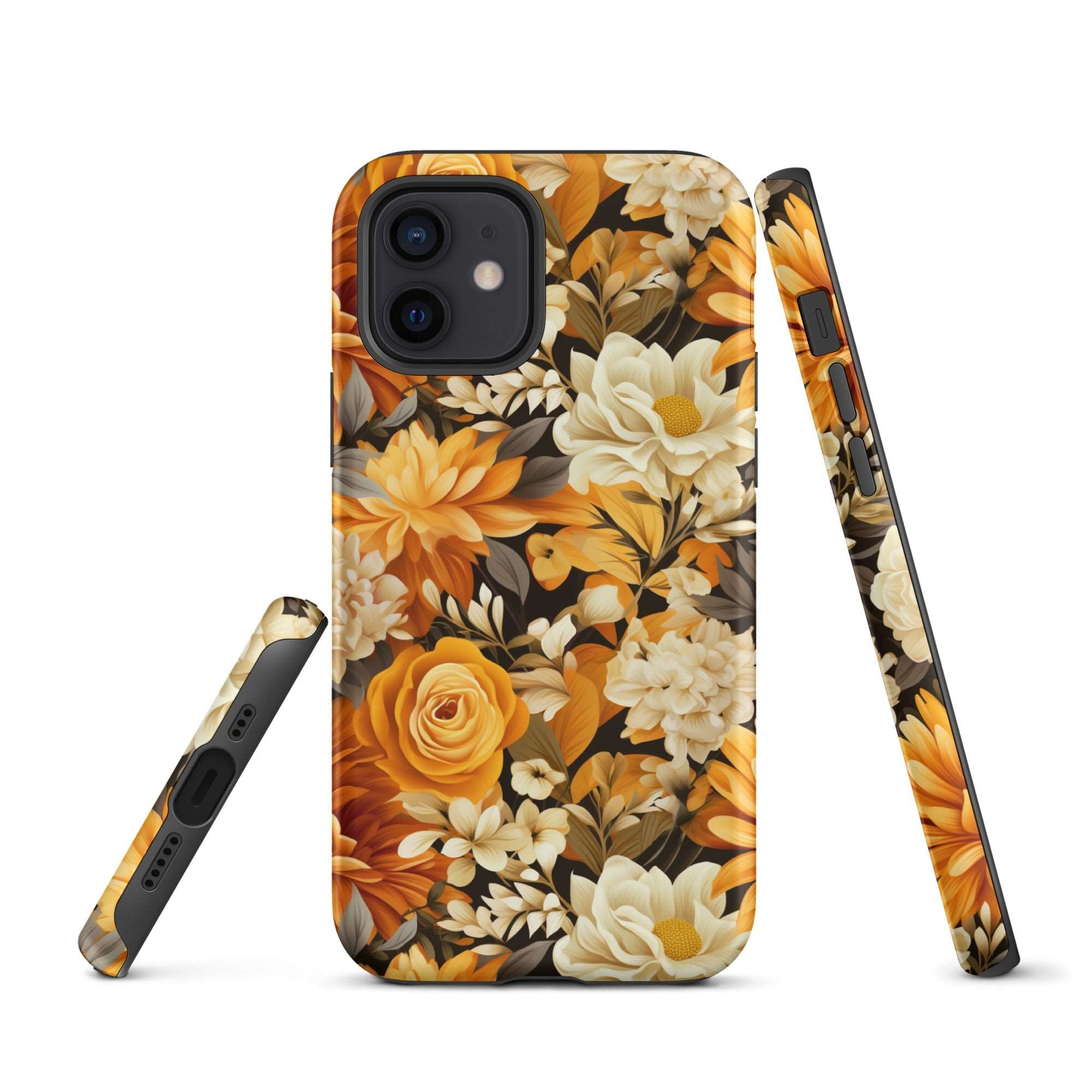 Autumnal Romance - Golden and White Blossoms on Black - iPhone Case - Pattern Symphony